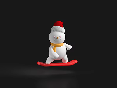 Cute Snowman Wearing Santa Hat With Yellow Scarf On Red Skateboard 3d model