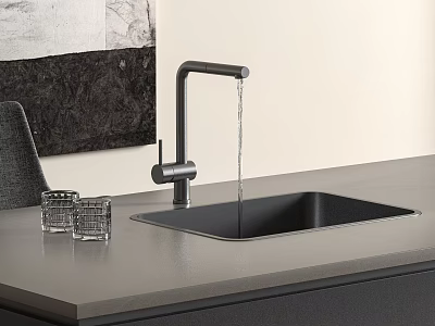 Black Kitchen Sink With Stainless Steel Faucet Running Water On Gray Countertop And Glass Tumblers 3d model
