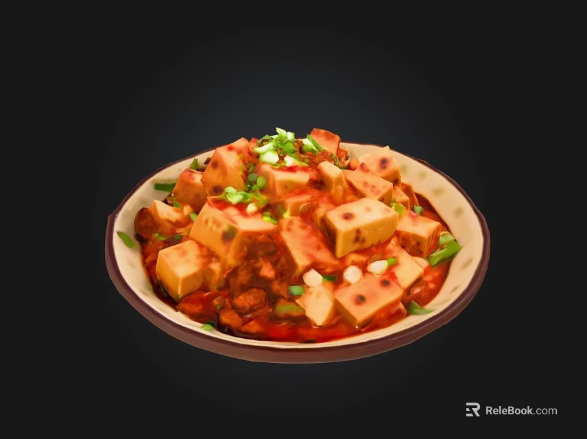 Mapo Tofu with Tender Tofu Cubes in Spicy Red Sauce Topped with Green Onions 3d model 