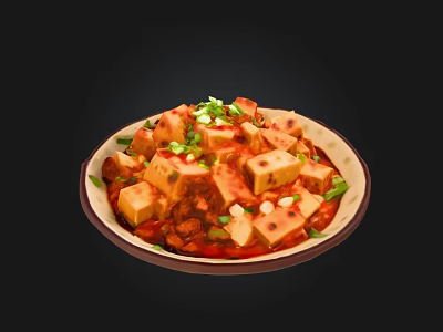 Mapo Tofu with Tender Tofu Cubes in Spicy Red Sauce Topped with Green Onions 3d model