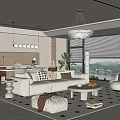 Modern Living and Dining Room Interior Design With White Sofa Coffee Table Rug And Chandelier