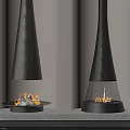 Modern Black Cone Fireplaces With Burning Flames And Slim Vertical Floor Lamp In Interior