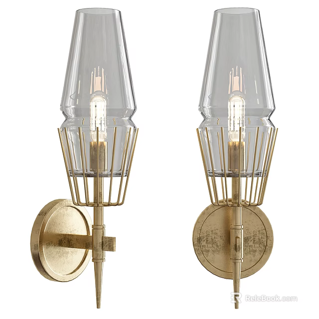 Pair Of Elegant Brass Wall Sconces With Glass Shades And Decorative Cage Frames For Home 3d model 