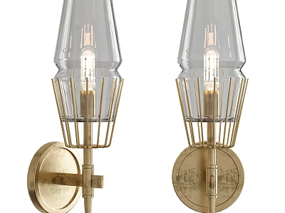 Pair Of Elegant Brass Wall Sconces With Glass Shades And Decorative Cage Frames For Home 3d model