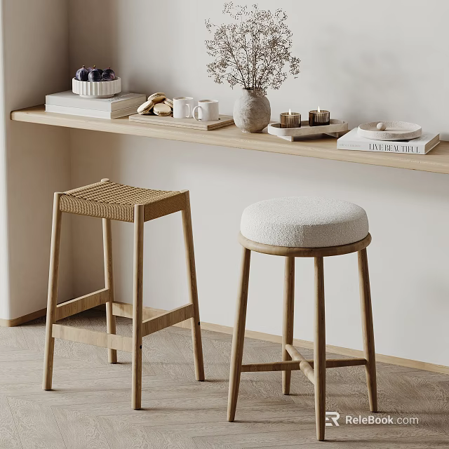 Stylish Bar Stools With Wicker And Upholstered Seats Wooden Legs By Counter With Decorative Items 3d model 