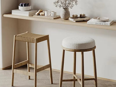 Stylish Bar Stools With Wicker And Upholstered Seats Wooden Legs By Counter With Decorative Items 3d model