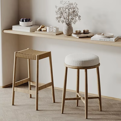 Stylish Bar Stools With Wicker And Upholstered Seats Wooden Legs By Counter With Decorative Items 3d model
