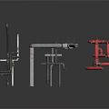 Industrial Piping Components With Red Silver Fittings And Metal Supports