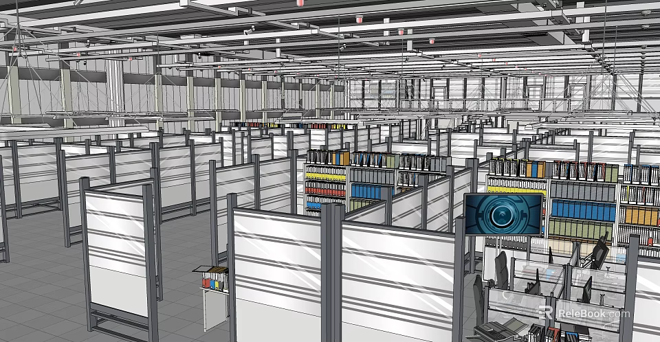 Spacious Modern Office Layout With Cubicles Bookshelves Workstations And Ceiling Fixtures 3d model 