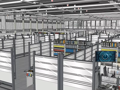 Spacious Modern Office Layout With Cubicles Bookshelves Workstations And Ceiling Fixtures 3d model