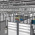 Spacious Modern Office Layout With Cubicles Bookshelves Workstations And Ceiling Fixtures