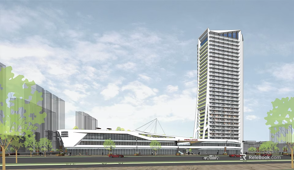 Modern Urban Commercial Complex With High Rise Building And Low Rise Retail Spaces 3d model 