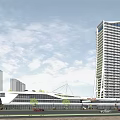 Modern Urban Commercial Complex With High Rise Building And Low Rise Retail Spaces