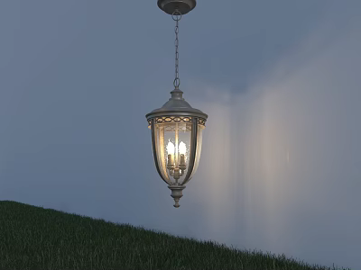 Classic Metal Outdoor Pendant Light With Glass Shade Illuminated Over Grass 3d model