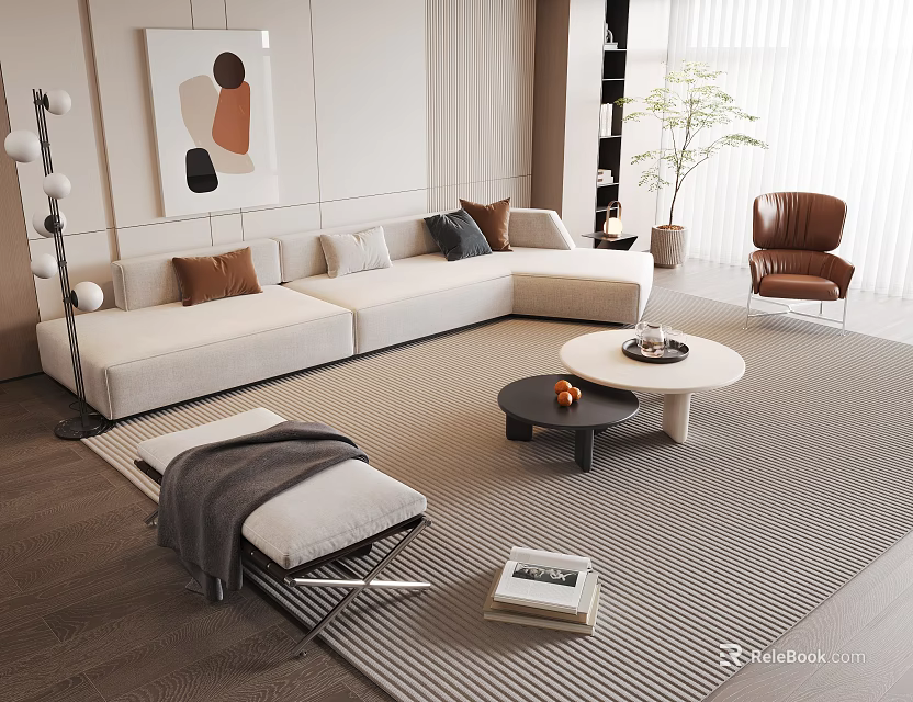 Modern Living Room Sofa Coffee Table Set With Beige Cushions And Nested Round Tables 3d model 
