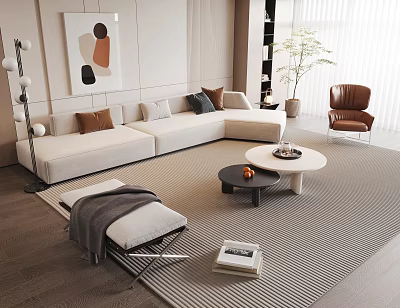 Modern Living Room Sofa Coffee Table Set With Beige Cushions And Nested Round Tables 3d model