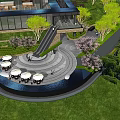 Scenic Plaza Area With Cherry Blossom Trees Green Grass Paved Path And Umbrellas