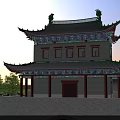 Ancient City Gate Tower With Traditional Green Tiled Roof Red Pillars And Arched Gateway