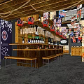 Japanese Izakaya Restaurant Interior Bar Counter Wooden Benches Hanging Lanterns Posters Cherry Blossom Motifs