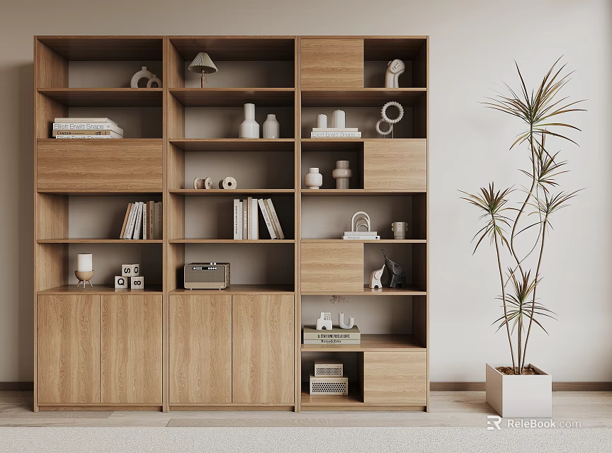 Wooden Bookcase Interior Design With Shelves Books Decorative Items And Potted Plant 3d model 