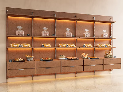 Dessert Shop Wooden Display Shelves With Warm Lighting Fresh Bread Pastries And Drawers 3d model