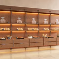 Dessert Shop Wooden Display Shelves With Warm Lighting Fresh Bread Pastries And Drawers