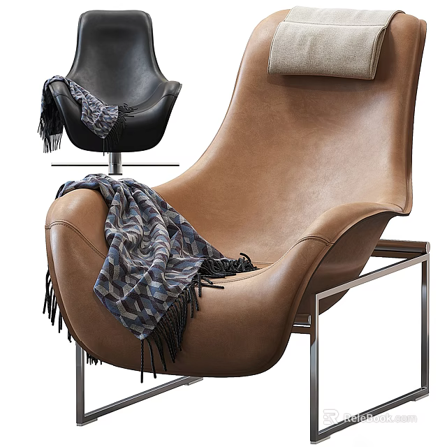 Brown Leather Lounge Chair With Plaid Tassel Scarf Beige Cushion And Metal Frame 3d model 