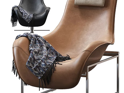 Brown Leather Lounge Chair With Plaid Tassel Scarf Beige Cushion And Metal Frame 3d model