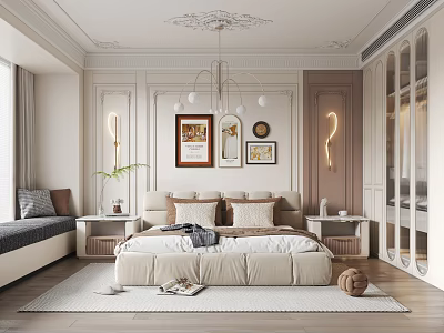 Modern Luxury Bedroom With Beige King Bed Decorative Paintings Chandelier Area Rug And Wall Sconces 3d model