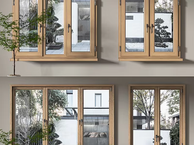 Modern Wooden Frame Casement Windows With Garden Greenery And Open View Design 3d model
