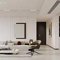 Modern Living and Dining Room with White Walls Large Digital Clock Coffee Table and Rug