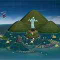 Cartoon Scene With Christ the Redeemer Statue Green Hills Blue Ocean Boats And Airplanes