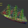 Decorative Sailing Ship with Multiple Masts White Sails Green Red Hull and Reflection