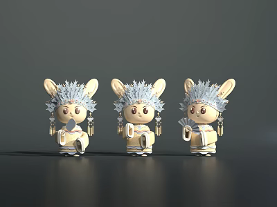 Three Cartoon Rabbit Characters With Decorative Ears Traditional Costumes And Held Items 3d model