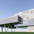 Modern Commercial Complex With Glass Curtain Wall And Cantilever Design On Green Lawn