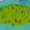 Cartoon Scene with Vibrant Green Circular Grassland Small Trees and Blue Wavy Water