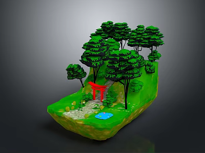 3D Landscape Model With Green Hillside Trees Red Torii Gate Small Pond And Stone Path 3d model