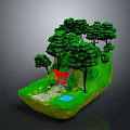 3D Landscape Model With Green Hillside Trees Red Torii Gate Small Pond And Stone Path 3d model