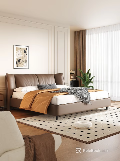 Modern Bedroom Double Bed With Leather Headboard White Sheets Orange Blanket And Potted Plant 3d model 