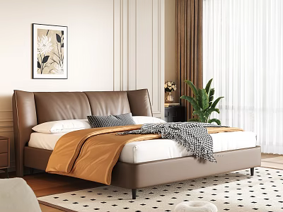 Modern Bedroom Double Bed With Leather Headboard White Sheets Orange Blanket And Potted Plant 3d model