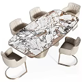 Sleek Modern Dining Table Set With Marble Top Metal Legs And Upholstered Leather Chairs