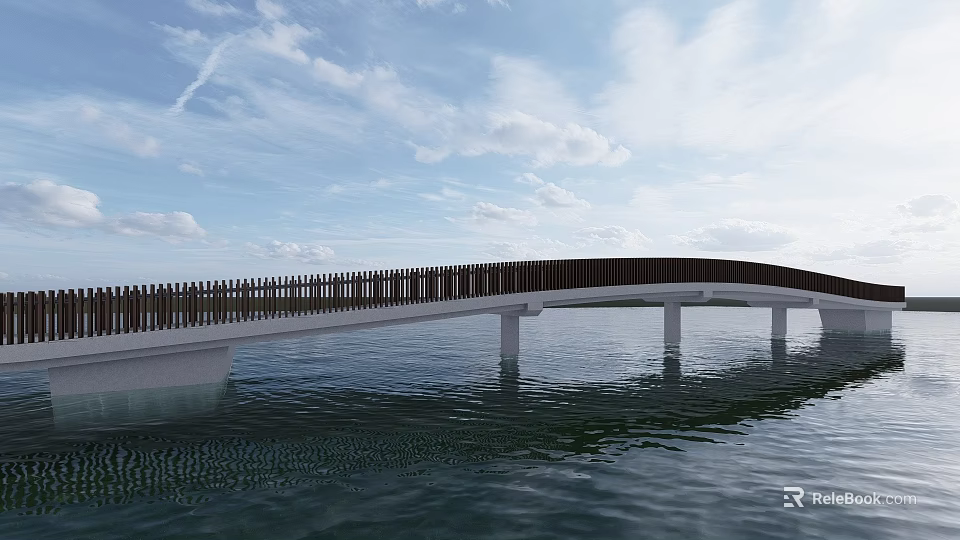 Modern Bridge With Brown Railing And White Pillars Over Calm Water Blue Sky And Clouds 3d model 