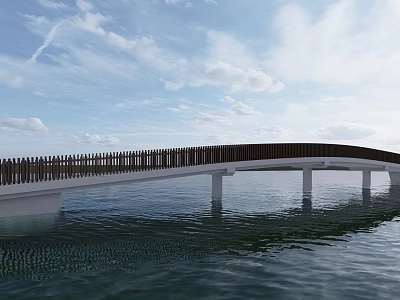 Modern Bridge With Brown Railing And White Pillars Over Calm Water Blue Sky And Clouds 3d model