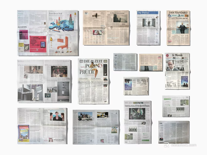 Open Magazines And Newspaper Pages With Various Articles Images And Layouts 3d model 