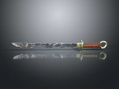 Shiny Carved Blade Knife With Red Leather Handle And Metal Ring On Dark Background 3d model