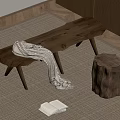 Natural Wooden Bench With Cozy Blanket And Stump Stool On Woven Rug