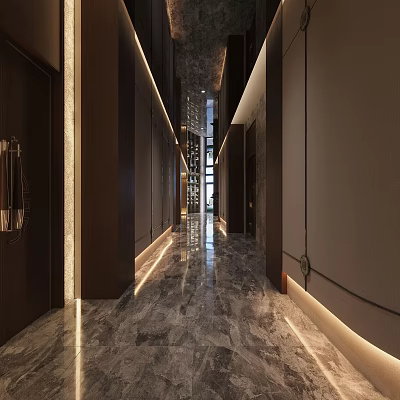 Modern Office Corridor Featuring Elegant Marble Flooring And Warm Ambient Lighting With Sleek Wooden Doors 3d model