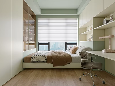 Tatami Bedroom Interior With Light Green Walls White Blinds City View And Wooden Floor 3d model