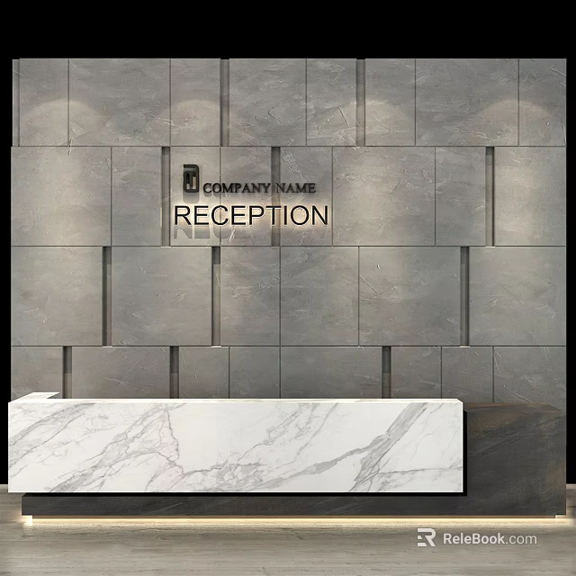 Elegant Reception Desk With Marble Countertop Gray Stone Tile Wall And Company Name Sign 3d model 