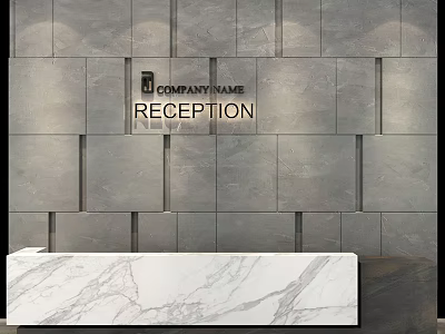 Elegant Reception Desk With Marble Countertop Gray Stone Tile Wall And Company Name Sign 3d model